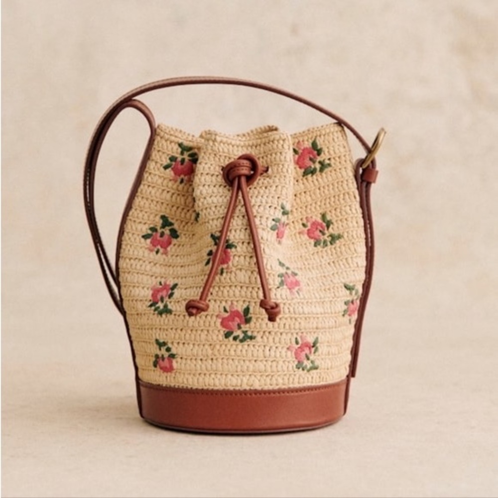 SEZANE MINI FARROW RAPHIA CROSSBODY BUCKET BAG SMALL PINK FLORAL EMBROIDERY